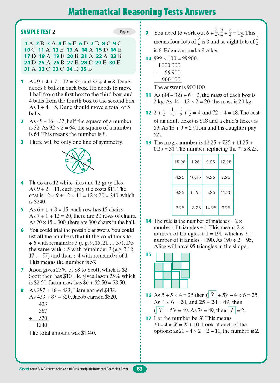 Sample interior page from the Excel Selective Schools and Scholarship Mathematical Reasoning Tests Years 5-6 workbook showing practice test material, as shown in the Pascal Press gallery