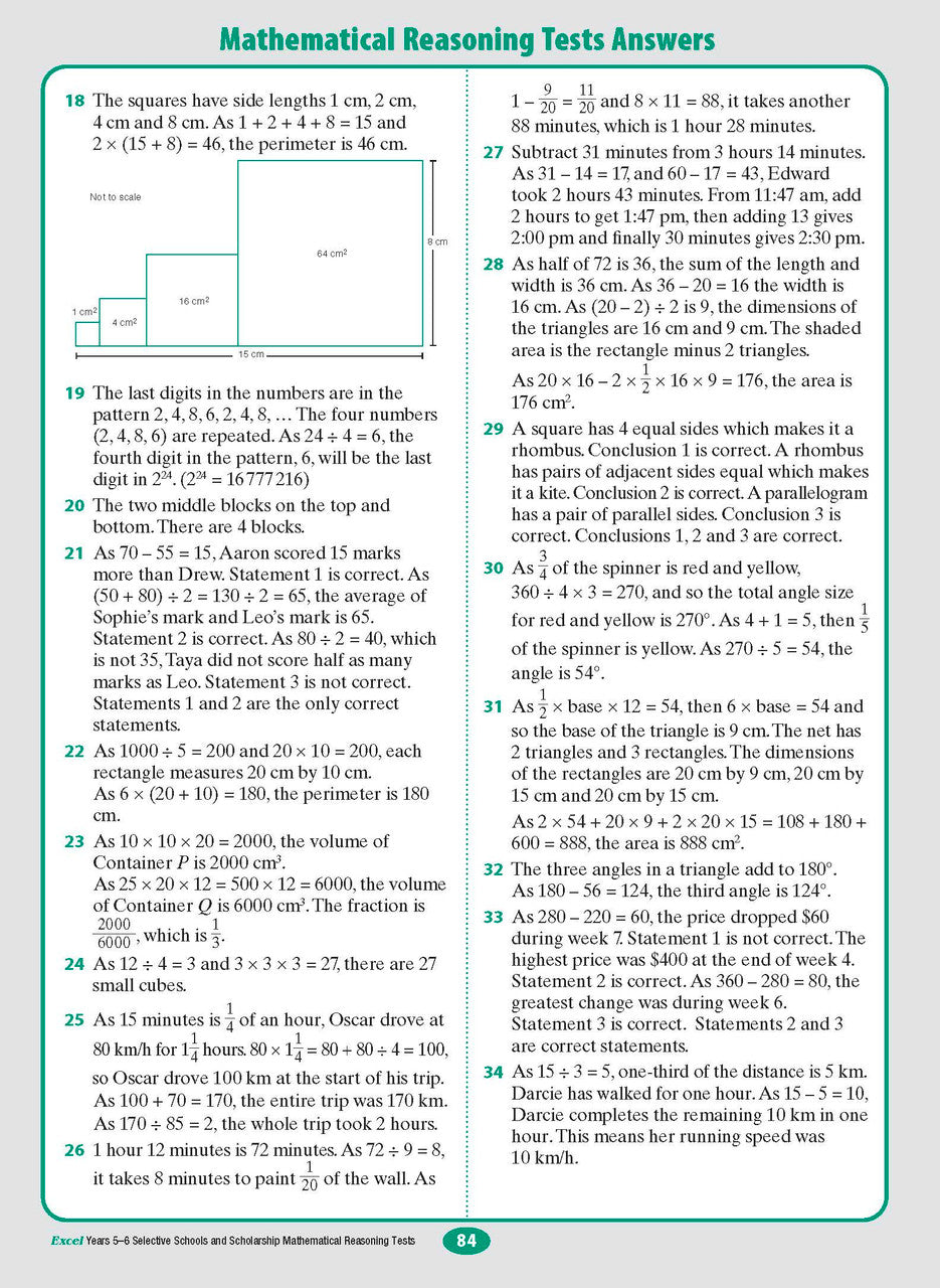 Sample interior page from the Excel Selective Schools and Scholarship Mathematical Reasoning Tests Years 5-6 workbook showing practice test material, as shown in the Pascal Press gallery