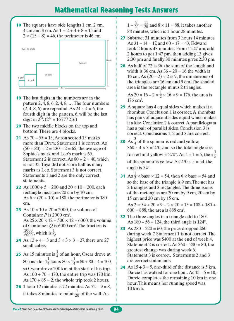 Sample interior page from the Excel Selective Schools and Scholarship Mathematical Reasoning Tests Years 5-6 workbook showing practice test material, as shown in the Pascal Press gallery