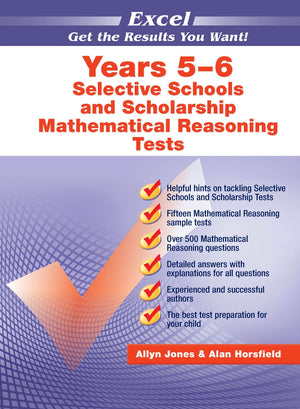 Front cover of the Excel Selective Schools and Scholarship Mathematical Reasoning Tests Years 5-6 workbook from Pascal Press, shown as the main product image