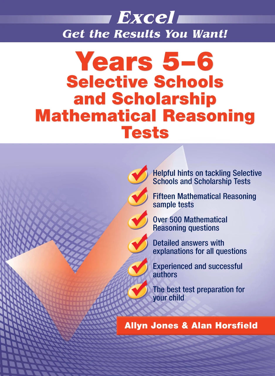 Front cover of the Excel Selective Schools and Scholarship Mathematical Reasoning Tests Years 5-6 workbook from Pascal Press, shown as the main product image