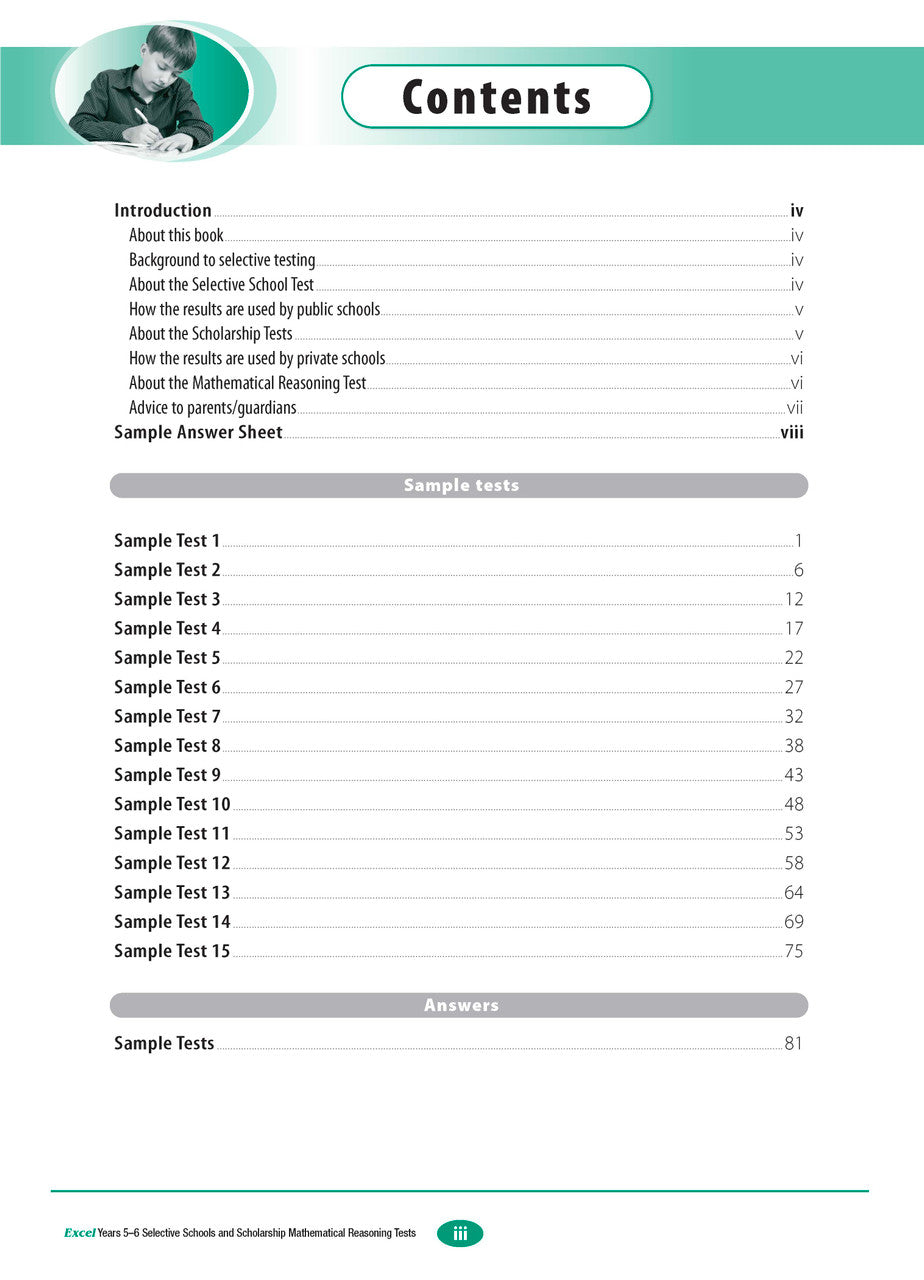 Sample interior page from the Excel Selective Schools and Scholarship Mathematical Reasoning Tests Years 5-6 workbook showing practice test material, as shown in the Pascal Press gallery