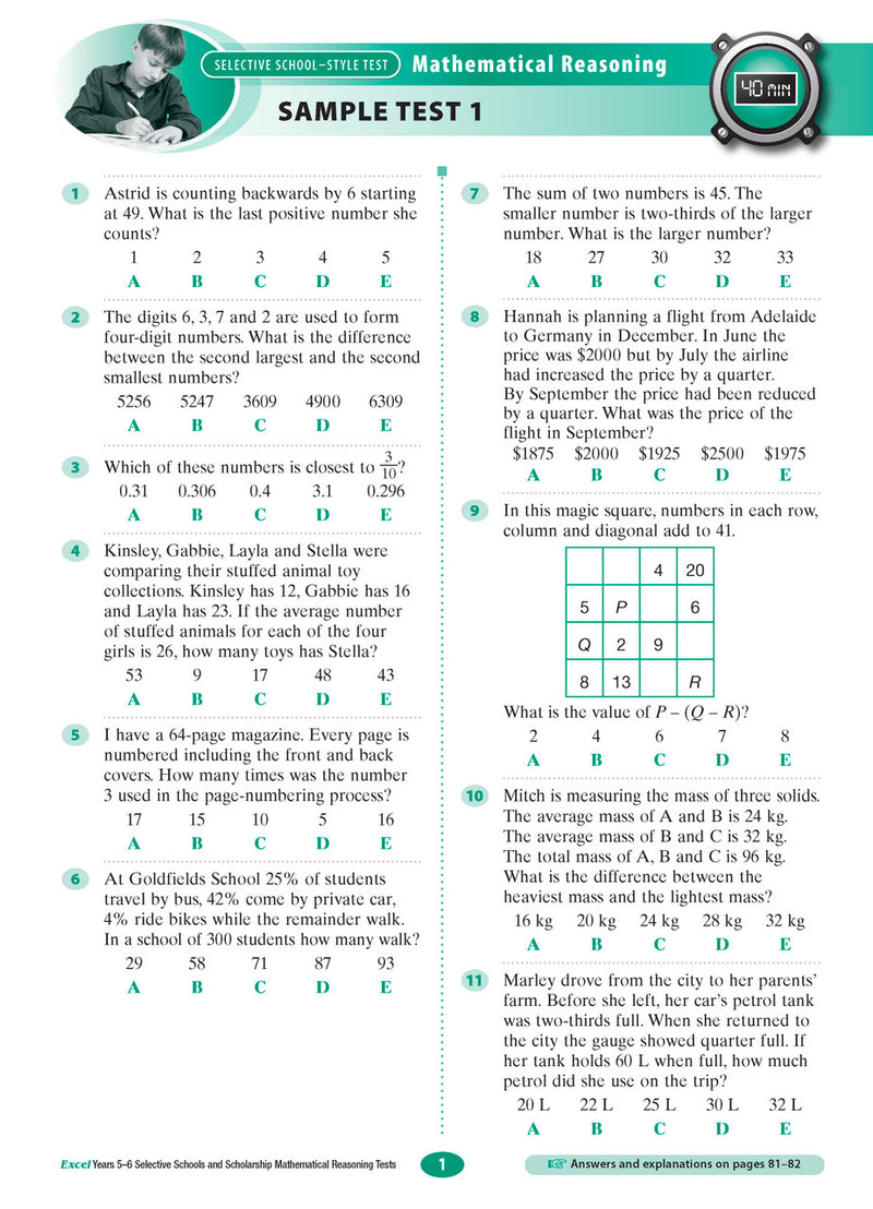 Sample interior page from the Excel Selective Schools and Scholarship Mathematical Reasoning Tests Years 5-6 workbook showing practice test material, as shown in the Pascal Press gallery