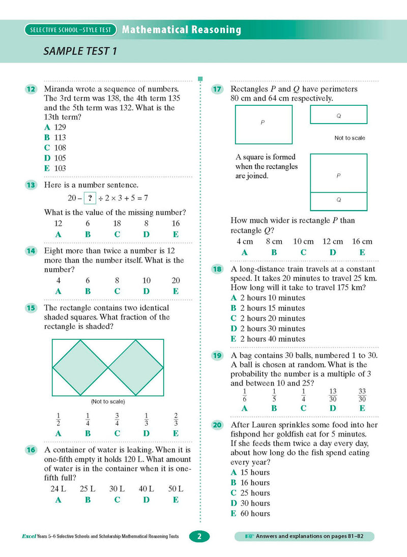 Sample interior page from the Excel Selective Schools and Scholarship Mathematical Reasoning Tests Years 5-6 workbook showing practice test material, as shown in the Pascal Press gallery