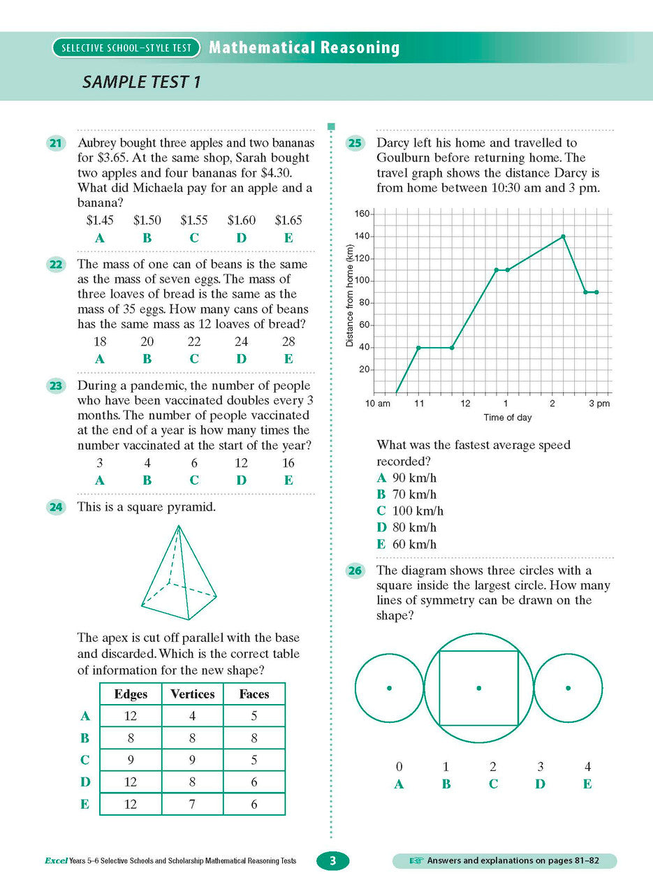 Sample interior page from the Excel Selective Schools and Scholarship Mathematical Reasoning Tests Years 5-6 workbook showing practice test material, as shown in the Pascal Press gallery