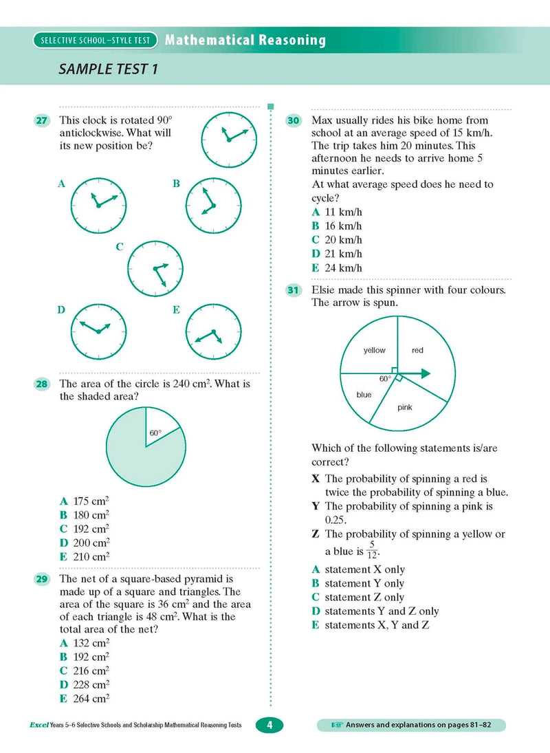 Sample interior page from the Excel Selective Schools and Scholarship Mathematical Reasoning Tests Years 5-6 workbook showing practice test material, as shown in the Pascal Press gallery