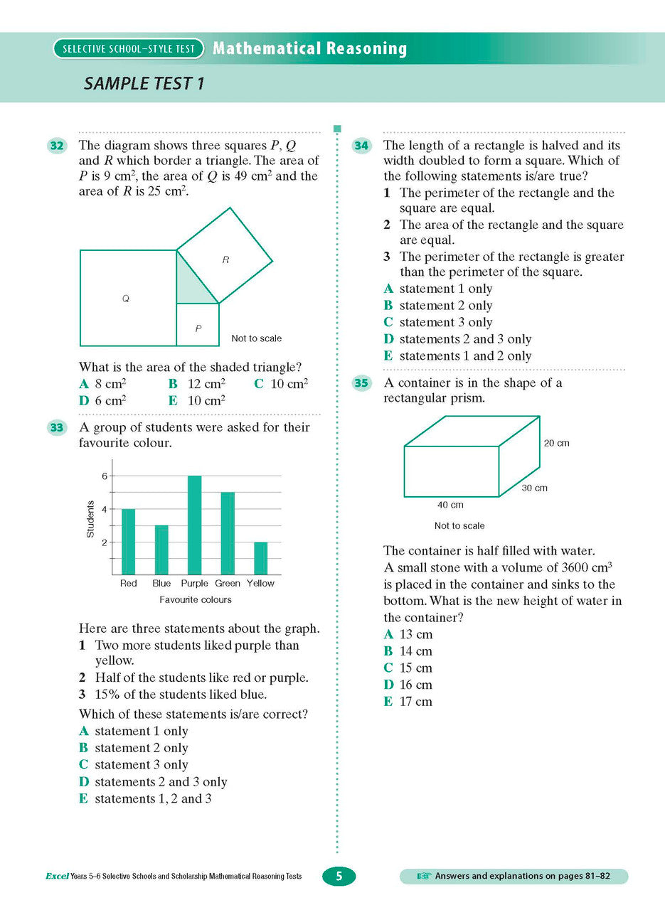 Sample interior page from the Excel Selective Schools and Scholarship Mathematical Reasoning Tests Years 5-6 workbook showing practice test material, as shown in the Pascal Press gallery