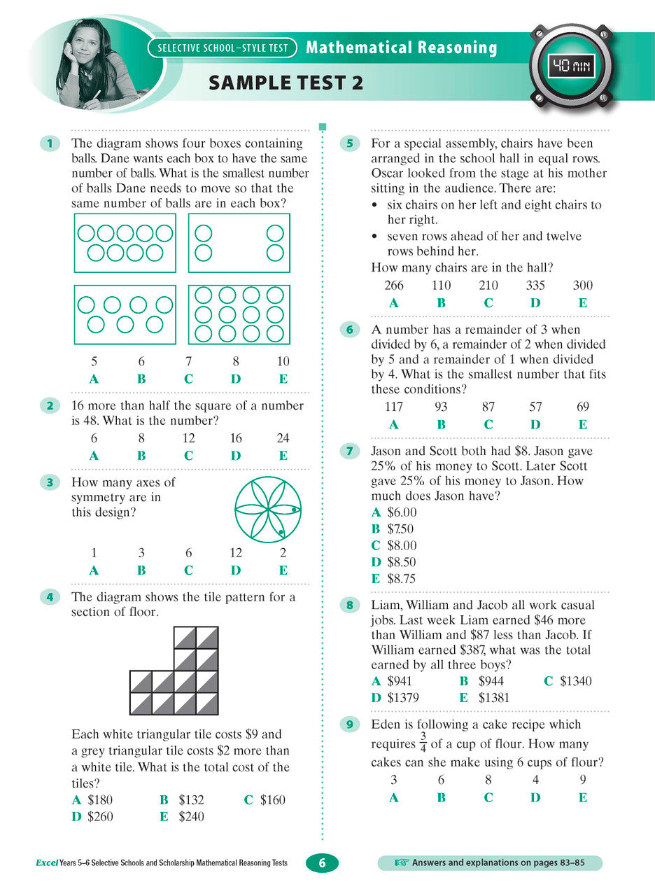 Sample interior page from the Excel Selective Schools and Scholarship Mathematical Reasoning Tests Years 5-6 workbook showing practice test material, as shown in the Pascal Press gallery