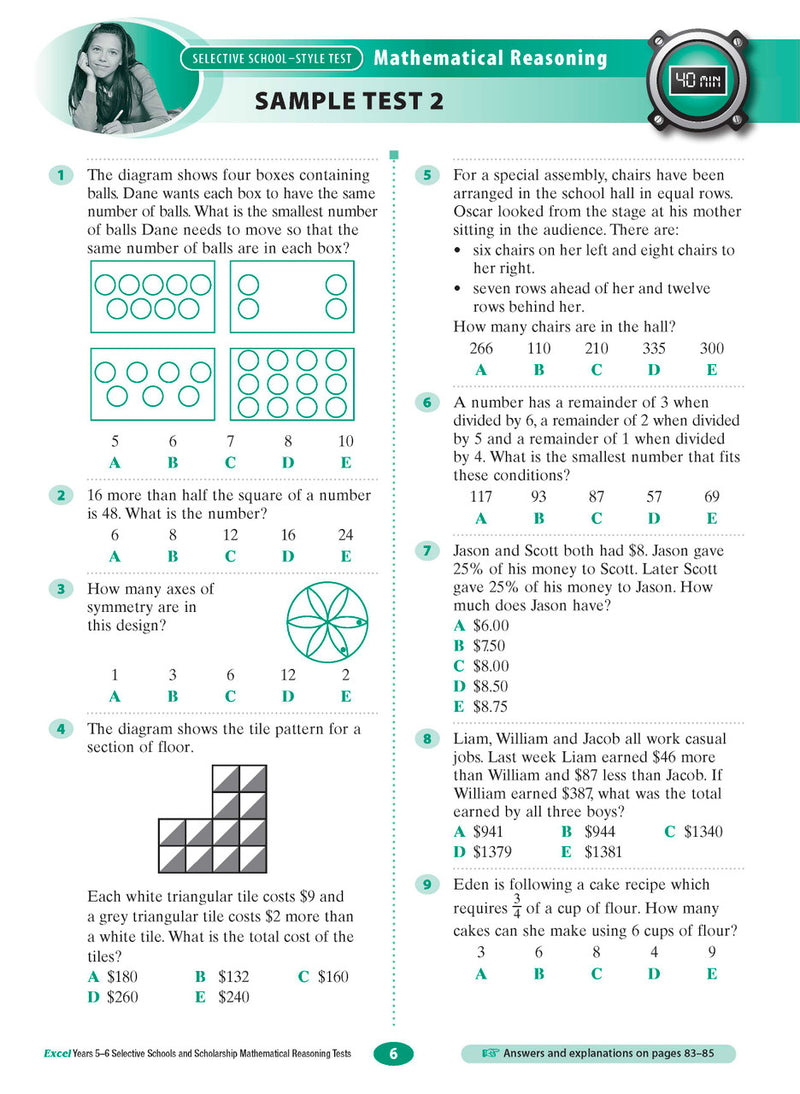 Sample interior page from the Excel Selective Schools and Scholarship Mathematical Reasoning Tests Years 5-6 workbook showing practice test material, as shown in the Pascal Press gallery