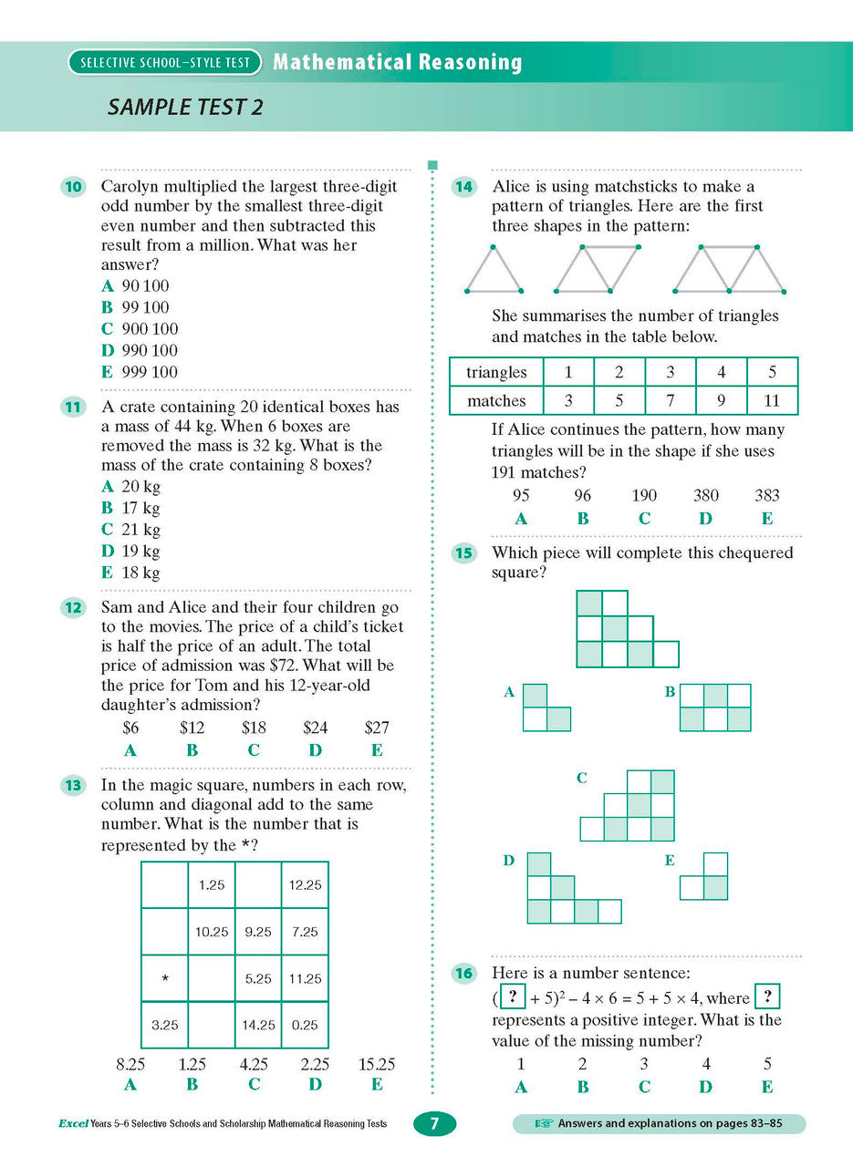Sample interior page from the Excel Selective Schools and Scholarship Mathematical Reasoning Tests Years 5-6 workbook showing practice test material, as shown in the Pascal Press gallery