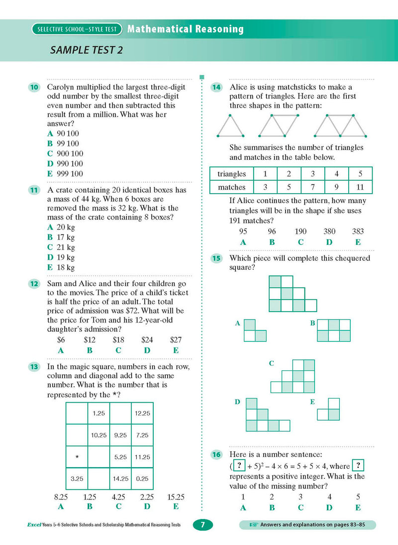 Sample interior page from the Excel Selective Schools and Scholarship Mathematical Reasoning Tests Years 5-6 workbook showing practice test material, as shown in the Pascal Press gallery