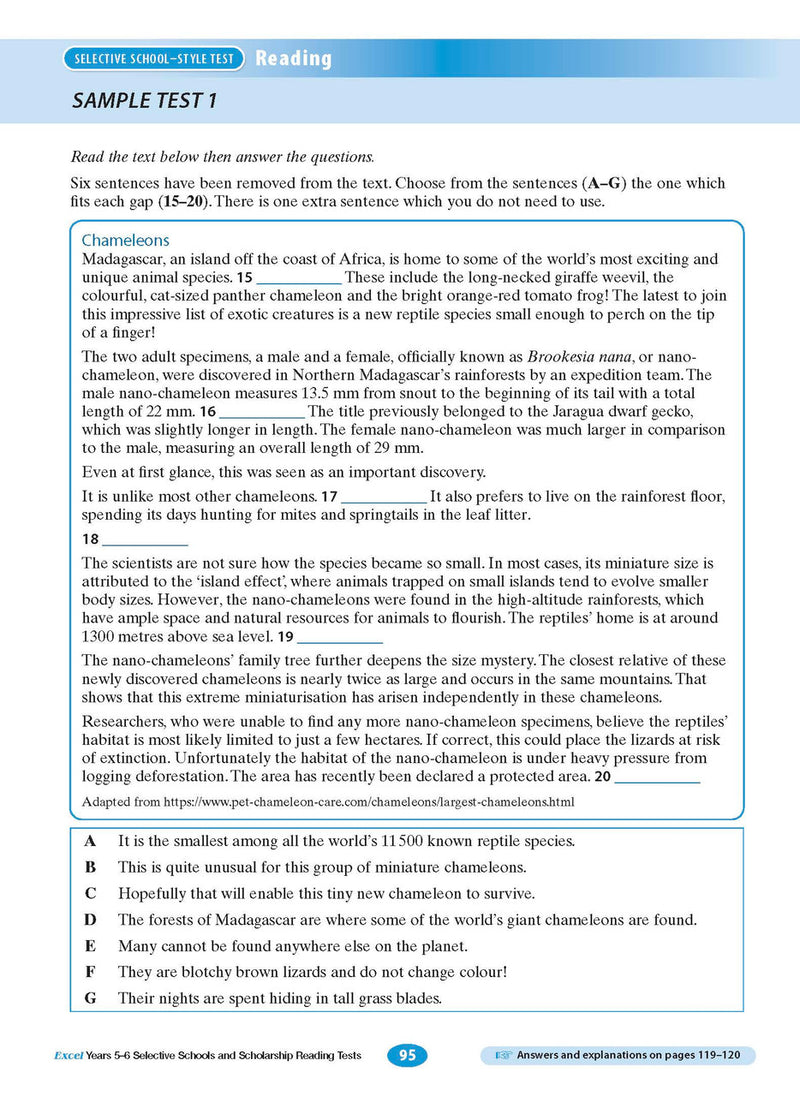 Sample interior page from the Excel Selective Schools and Scholarship Reading Tests Years 5-6 workbook, the tenth image in the publisher gallery