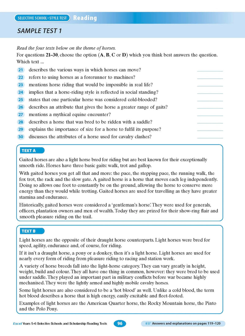 Sample interior page from the Excel Selective Schools and Scholarship Reading Tests Years 5-6 workbook, the eleventh image in the publisher gallery