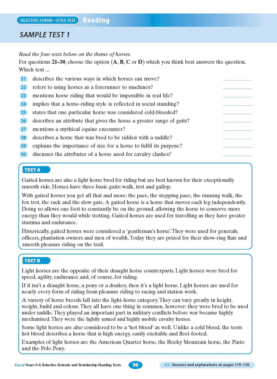 Sample interior page from the Excel Selective Schools and Scholarship Reading Tests Years 5-6 workbook, the eleventh image in the publisher gallery