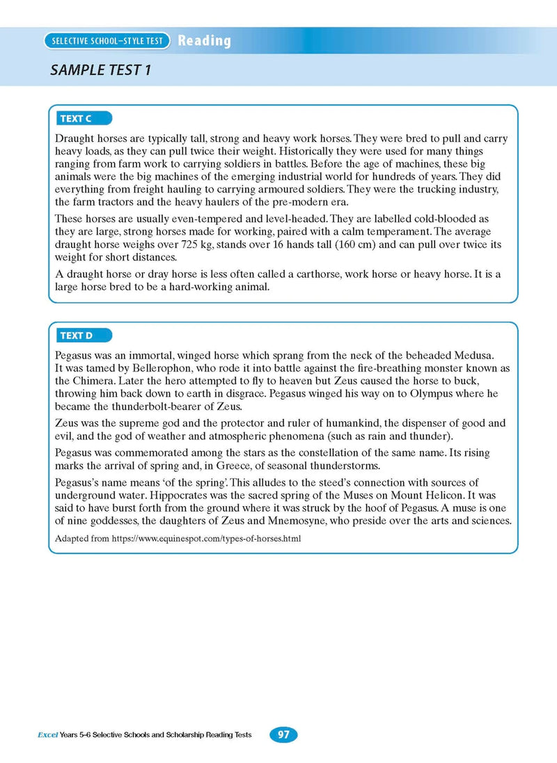 Sample interior page from the Excel Selective Schools and Scholarship Reading Tests Years 5-6 workbook, the twelfth image in the publisher gallery