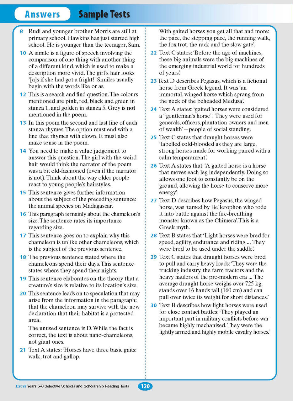 Sample interior page from the Excel Selective Schools and Scholarship Reading Tests Years 5-6 workbook, the fourteenth image in the publisher gallery