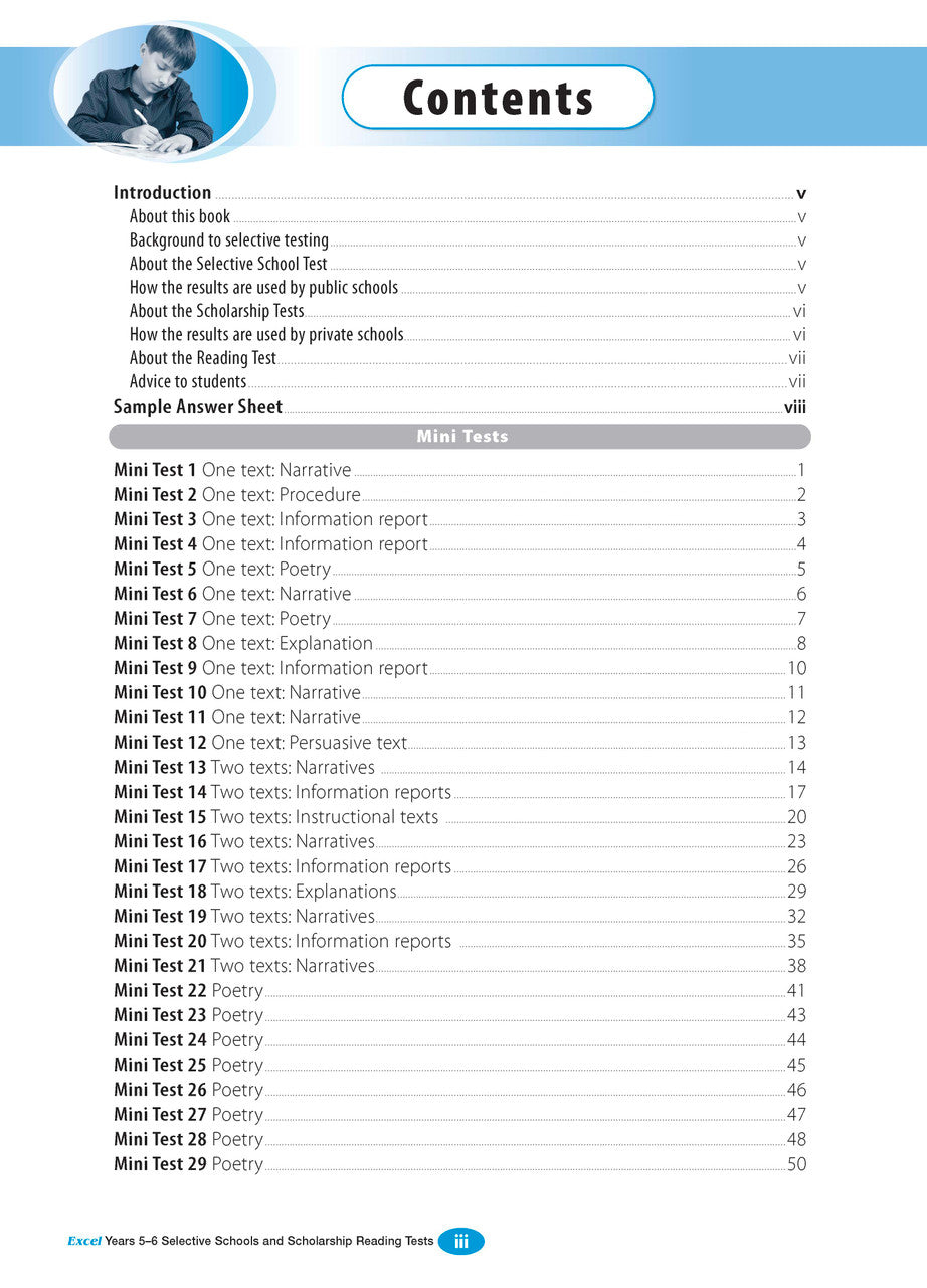 Sample interior page from the Excel Selective Schools and Scholarship Reading Tests Years 5-6 workbook, the second image in the publisher gallery
