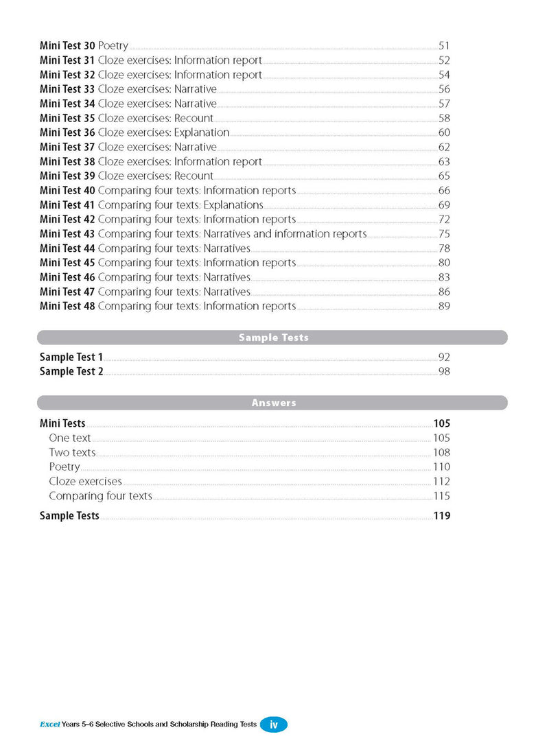 Sample interior page from the Excel Selective Schools and Scholarship Reading Tests Years 5-6 workbook, the third image in the publisher gallery