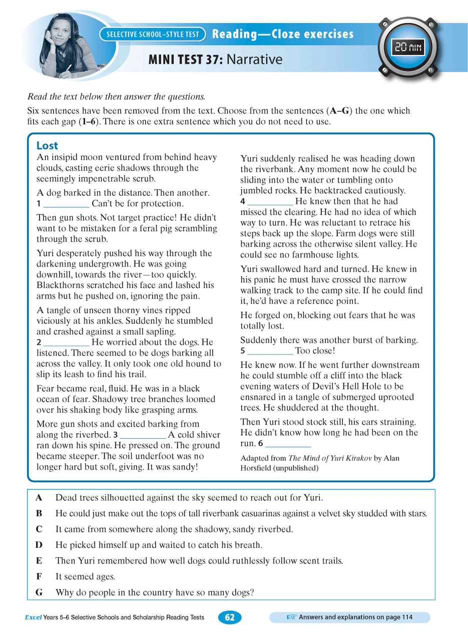 Sample interior page from the Excel Selective Schools and Scholarship Reading Tests Years 5-6 workbook, the fourth image in the publisher gallery