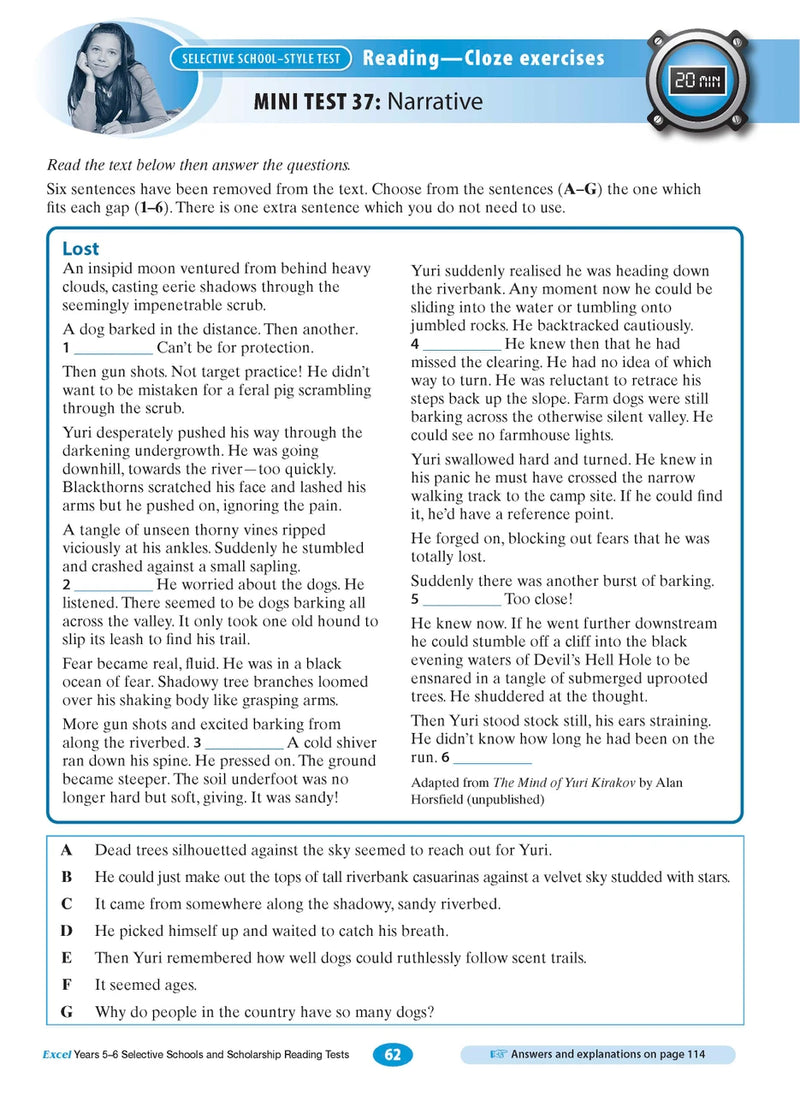 Sample interior page from the Excel Selective Schools and Scholarship Reading Tests Years 5-6 workbook, the fourth image in the publisher gallery