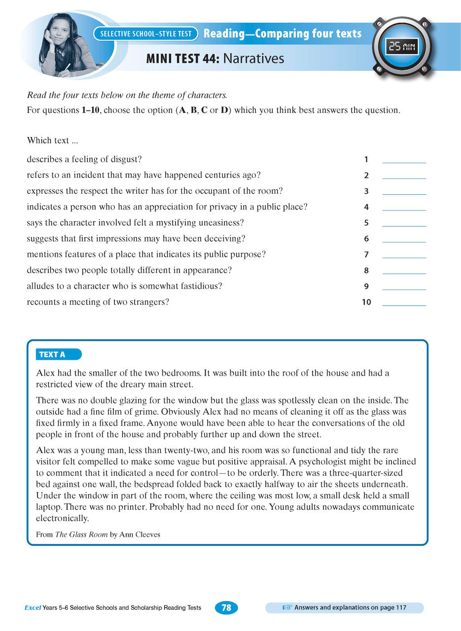 Sample interior page from the Excel Selective Schools and Scholarship Reading Tests Years 5-6 workbook, the fifth image in the publisher gallery