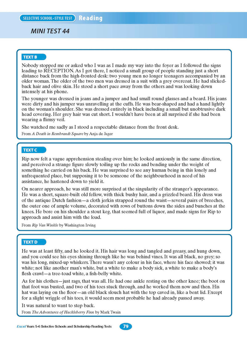 Sample interior page from the Excel Selective Schools and Scholarship Reading Tests Years 5-6 workbook, the sixth image in the publisher gallery