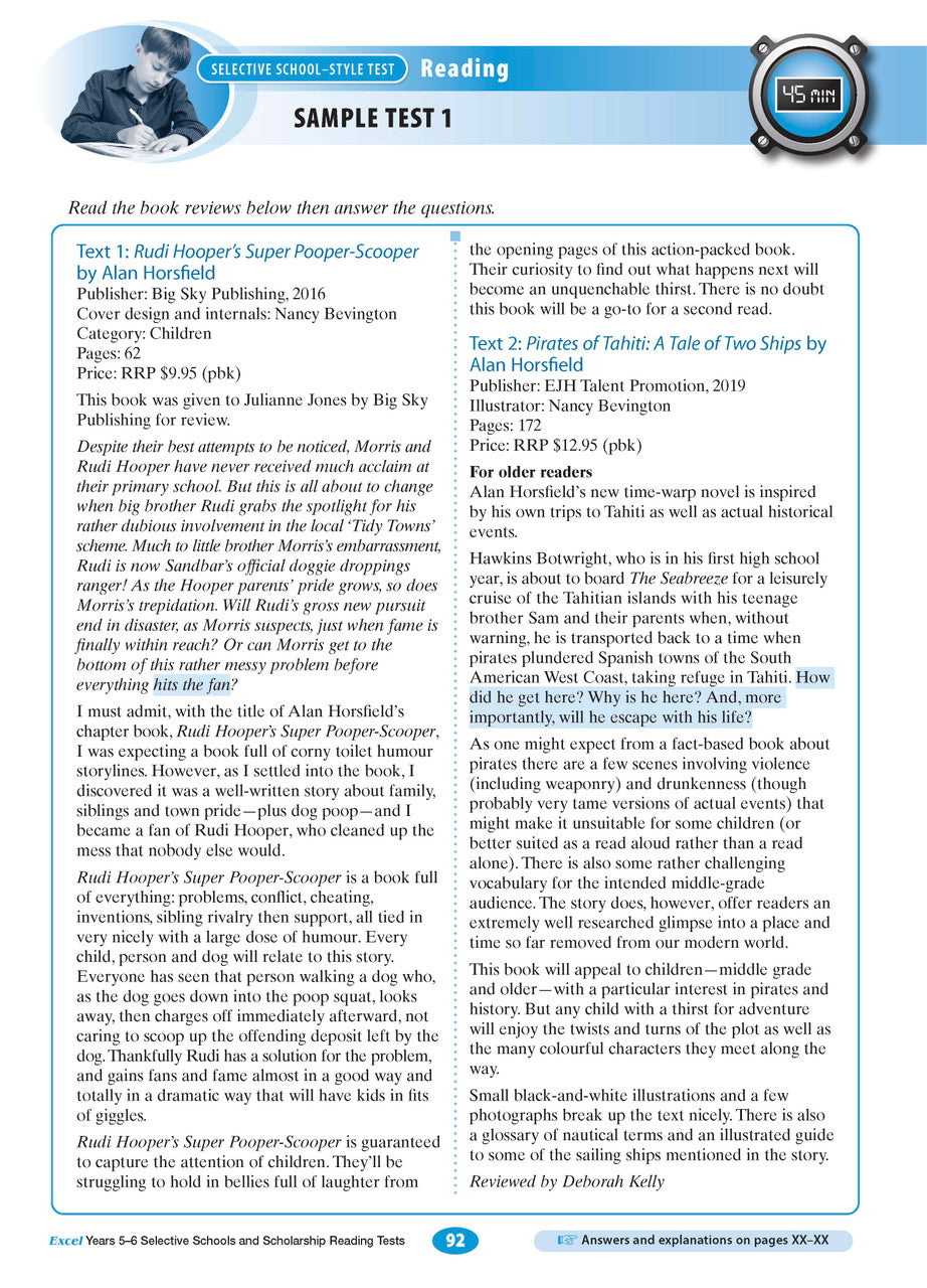 Sample interior page from the Excel Selective Schools and Scholarship Reading Tests Years 5-6 workbook, the seventh image in the publisher gallery