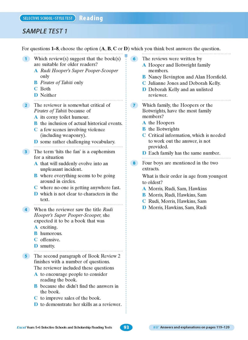 Sample interior page from the Excel Selective Schools and Scholarship Reading Tests Years 5-6 workbook, the eighth image in the publisher gallery