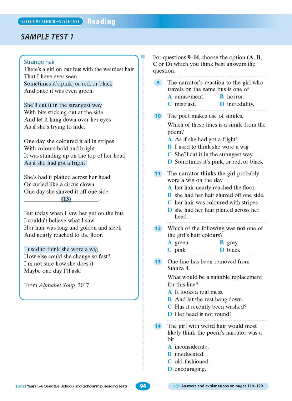 Sample interior page from the Excel Selective Schools and Scholarship Reading Tests Years 5-6 workbook, the ninth image in the publisher gallery