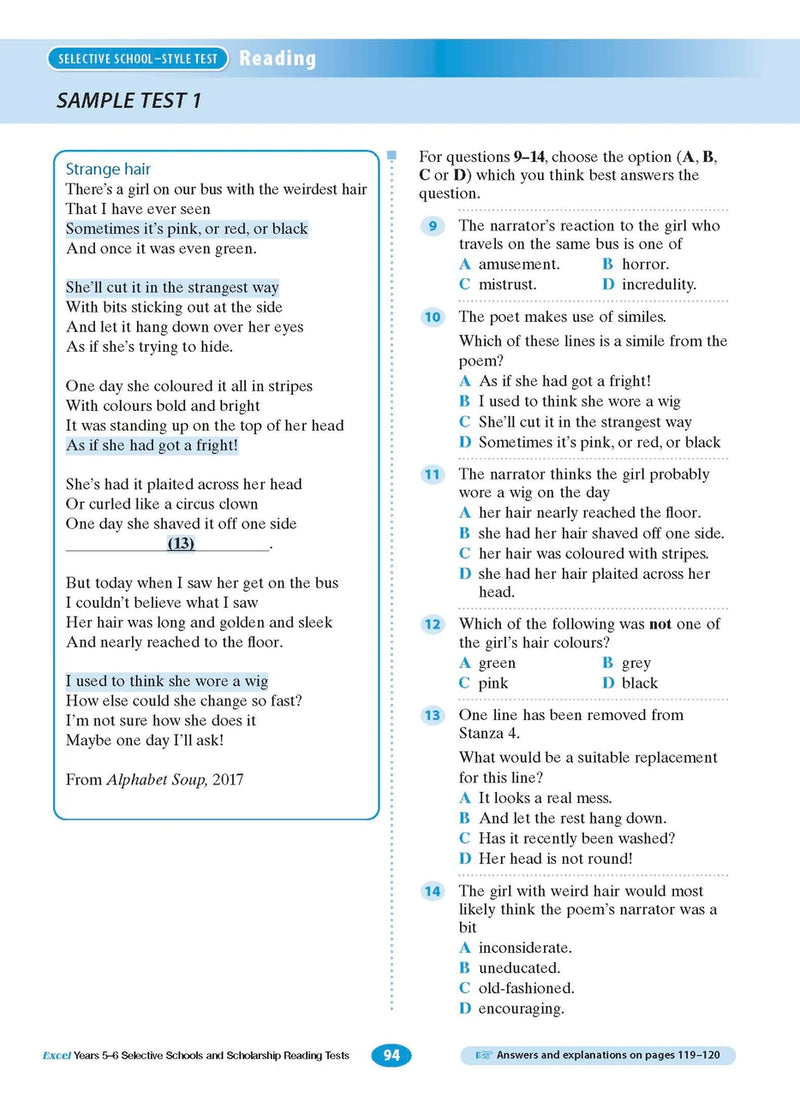 Sample interior page from the Excel Selective Schools and Scholarship Reading Tests Years 5-6 workbook, the ninth image in the publisher gallery