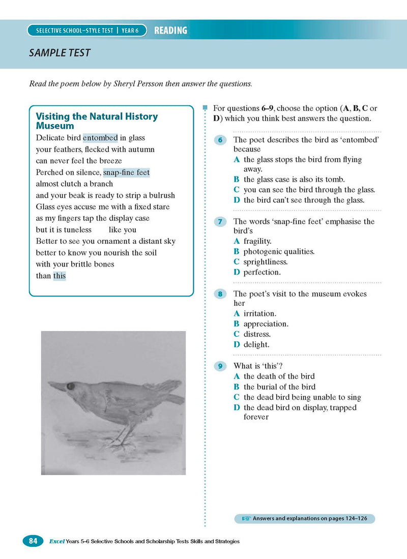 Sample interior page from the Excel Selective Schools and Scholarship Tests Skills and Strategies Years 5-6 workbook showing practice test material, as shown in the Pascal Press gallery
