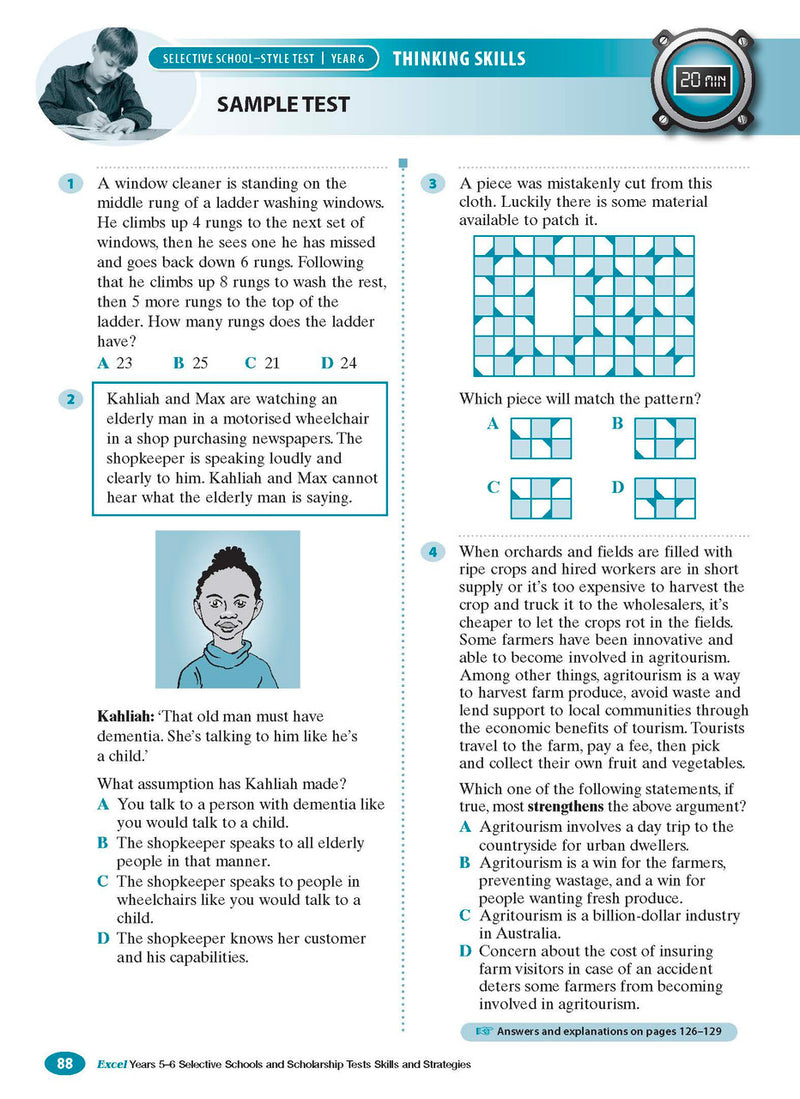 Sample interior page from the Excel Selective Schools and Scholarship Tests Skills and Strategies Years 5-6 workbook showing practice test material, as shown in the Pascal Press gallery