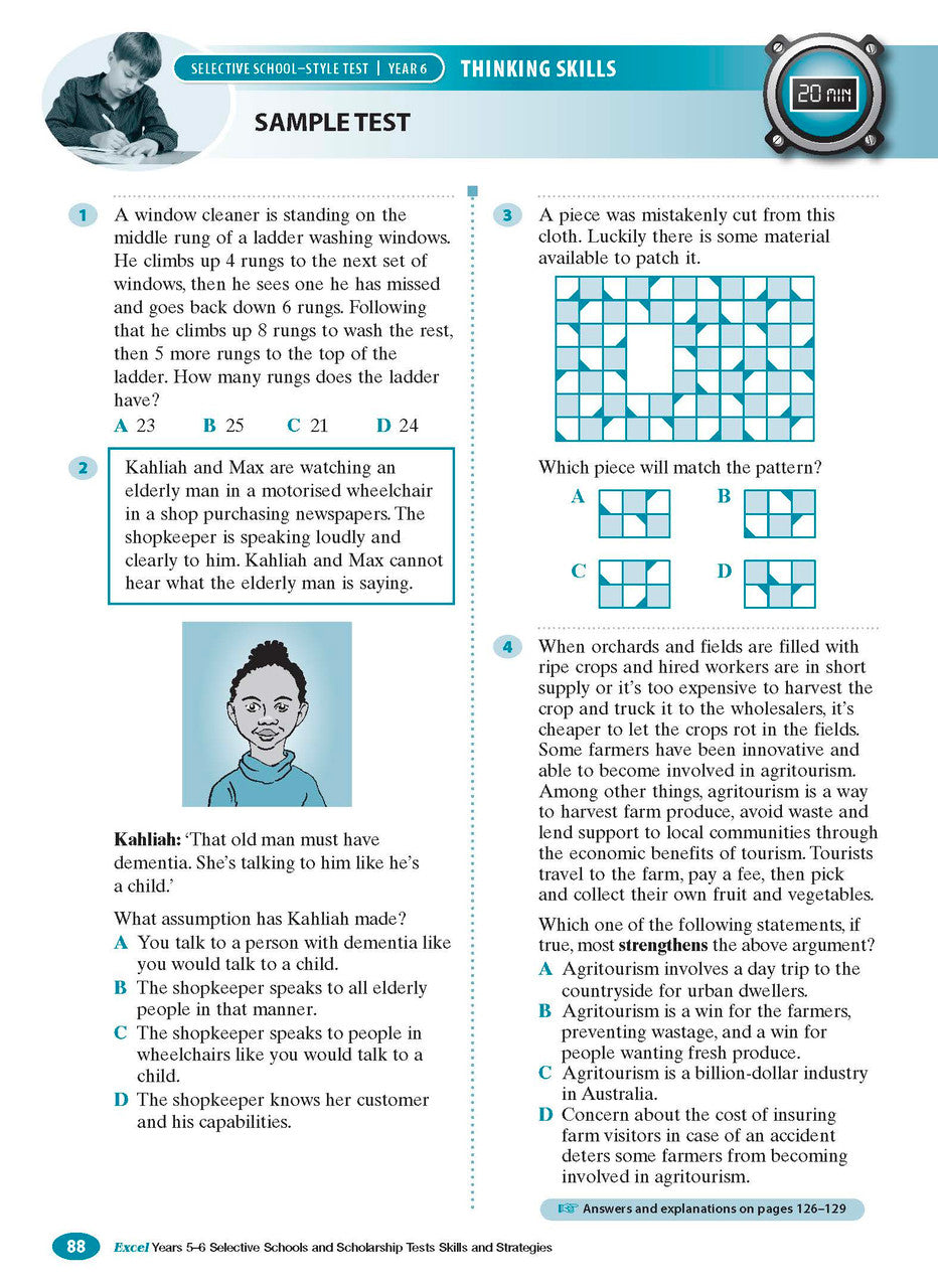 Sample interior page from the Excel Selective Schools and Scholarship Tests Skills and Strategies Years 5-6 workbook showing practice test material, as shown in the Pascal Press gallery