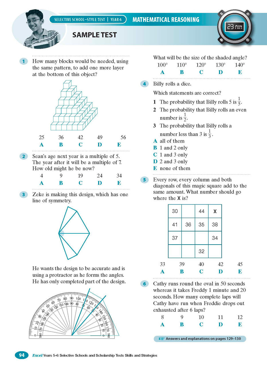 Sample interior page from the Excel Selective Schools and Scholarship Tests Skills and Strategies Years 5-6 workbook showing practice test material, as shown in the Pascal Press gallery