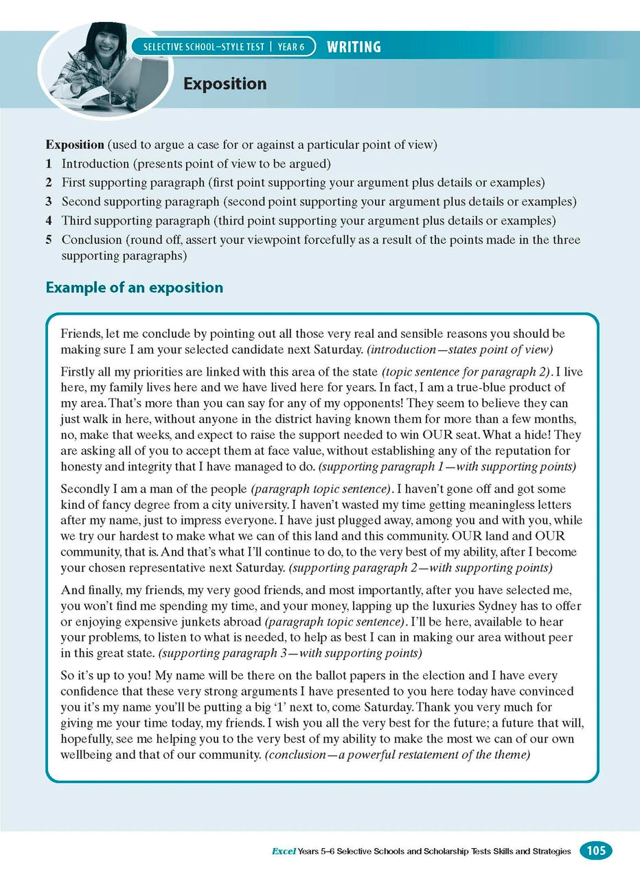 Sample interior page from the Excel Selective Schools and Scholarship Tests Skills and Strategies Years 5-6 workbook showing practice test material, as shown in the Pascal Press gallery