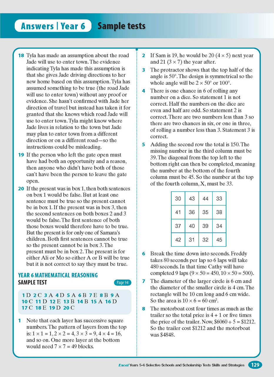 Sample interior page from the Excel Selective Schools and Scholarship Tests Skills and Strategies Years 5-6 workbook showing practice test material, as shown in the Pascal Press gallery