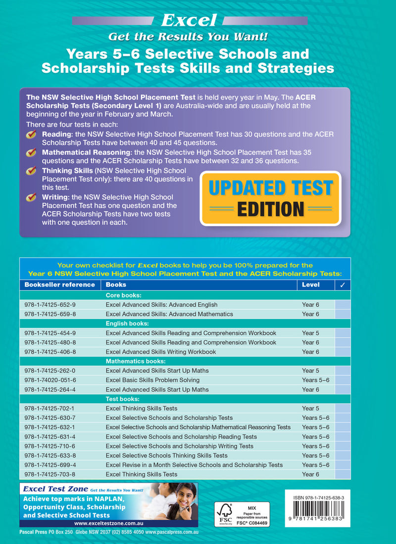 Further page from the Pascal Press gallery for the Excel Selective Schools and Scholarship Tests Skills and Strategies Years 5-6 workbook, such as the back cover or an extra sample page