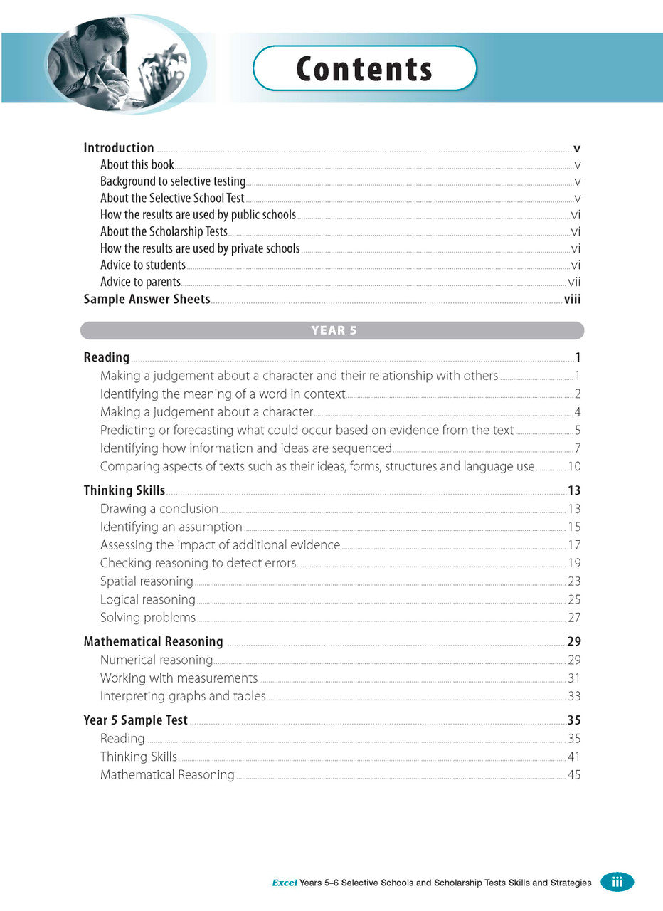Sample interior page from the Excel Selective Schools and Scholarship Tests Skills and Strategies Years 5-6 workbook showing practice test material, as shown in the Pascal Press gallery