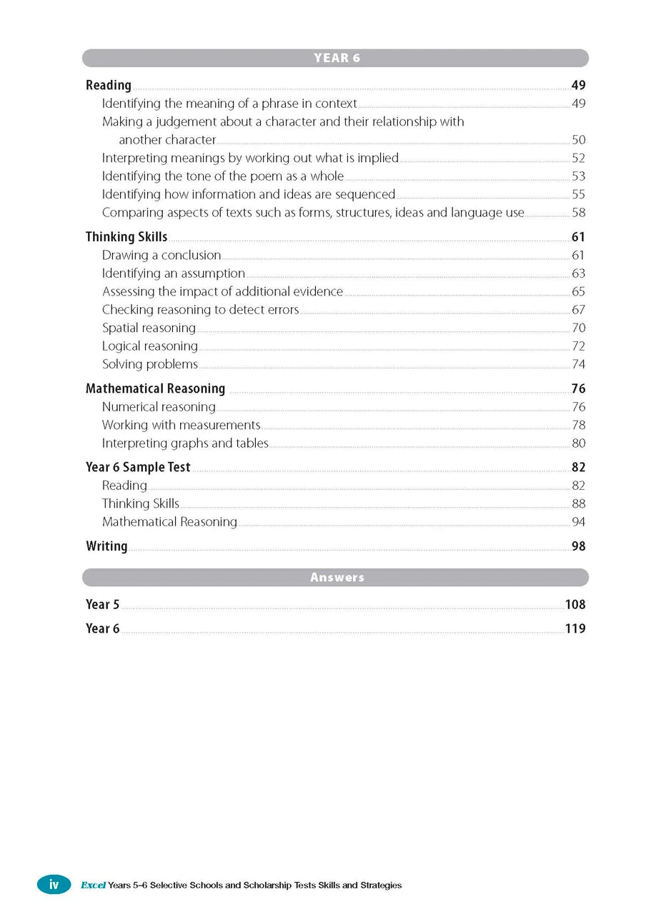 Sample interior page from the Excel Selective Schools and Scholarship Tests Skills and Strategies Years 5-6 workbook showing practice test material, as shown in the Pascal Press gallery