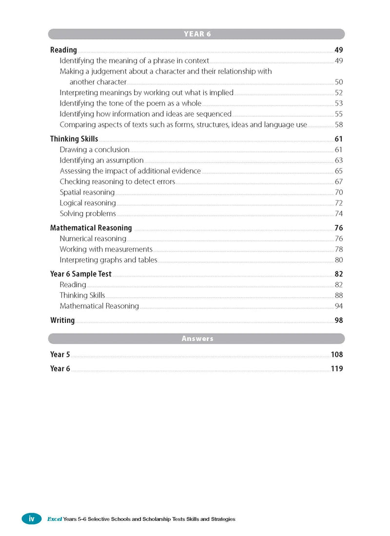 Sample interior page from the Excel Selective Schools and Scholarship Tests Skills and Strategies Years 5-6 workbook showing practice test material, as shown in the Pascal Press gallery