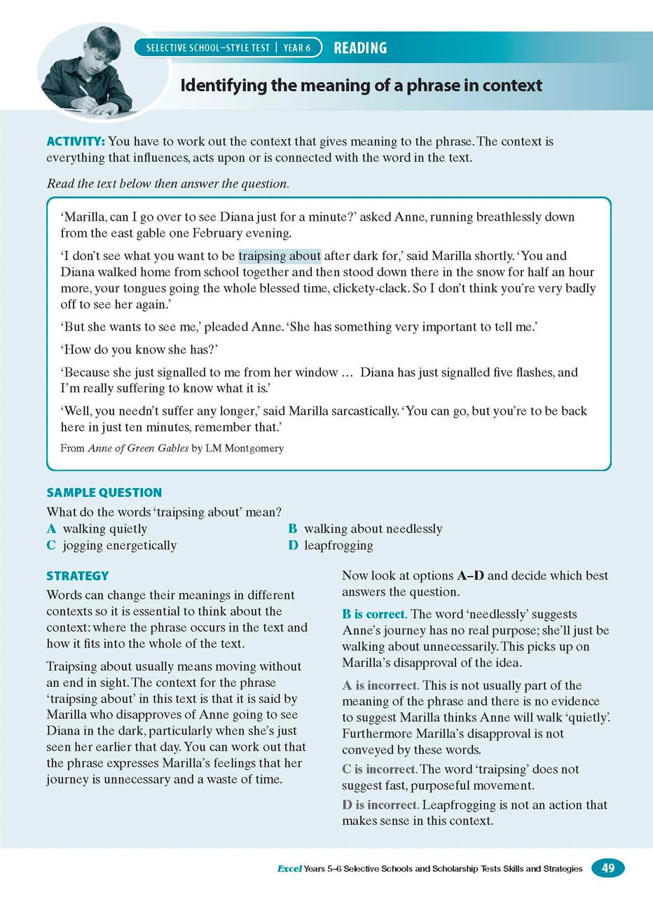 Sample interior page from the Excel Selective Schools and Scholarship Tests Skills and Strategies Years 5-6 workbook showing practice test material, as shown in the Pascal Press gallery