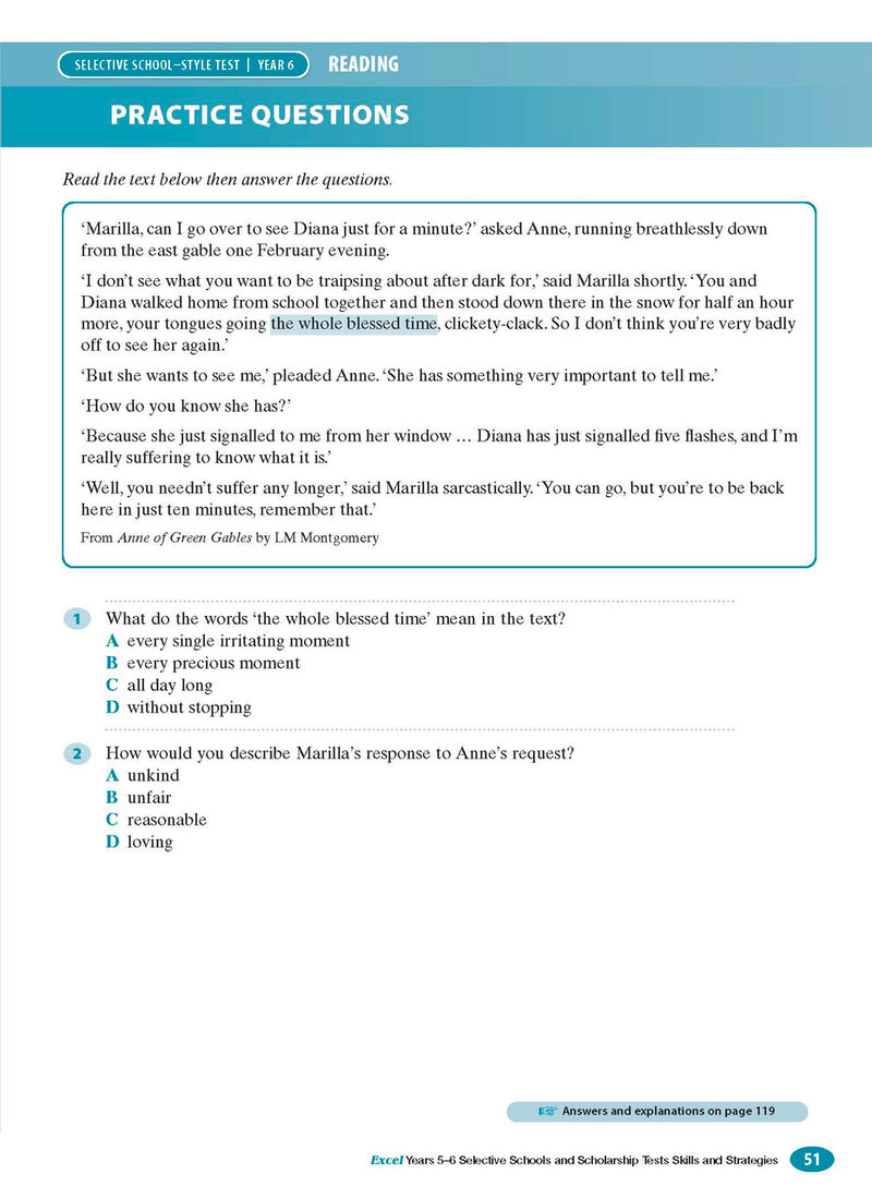 Sample interior page from the Excel Selective Schools and Scholarship Tests Skills and Strategies Years 5-6 workbook showing practice test material, as shown in the Pascal Press gallery