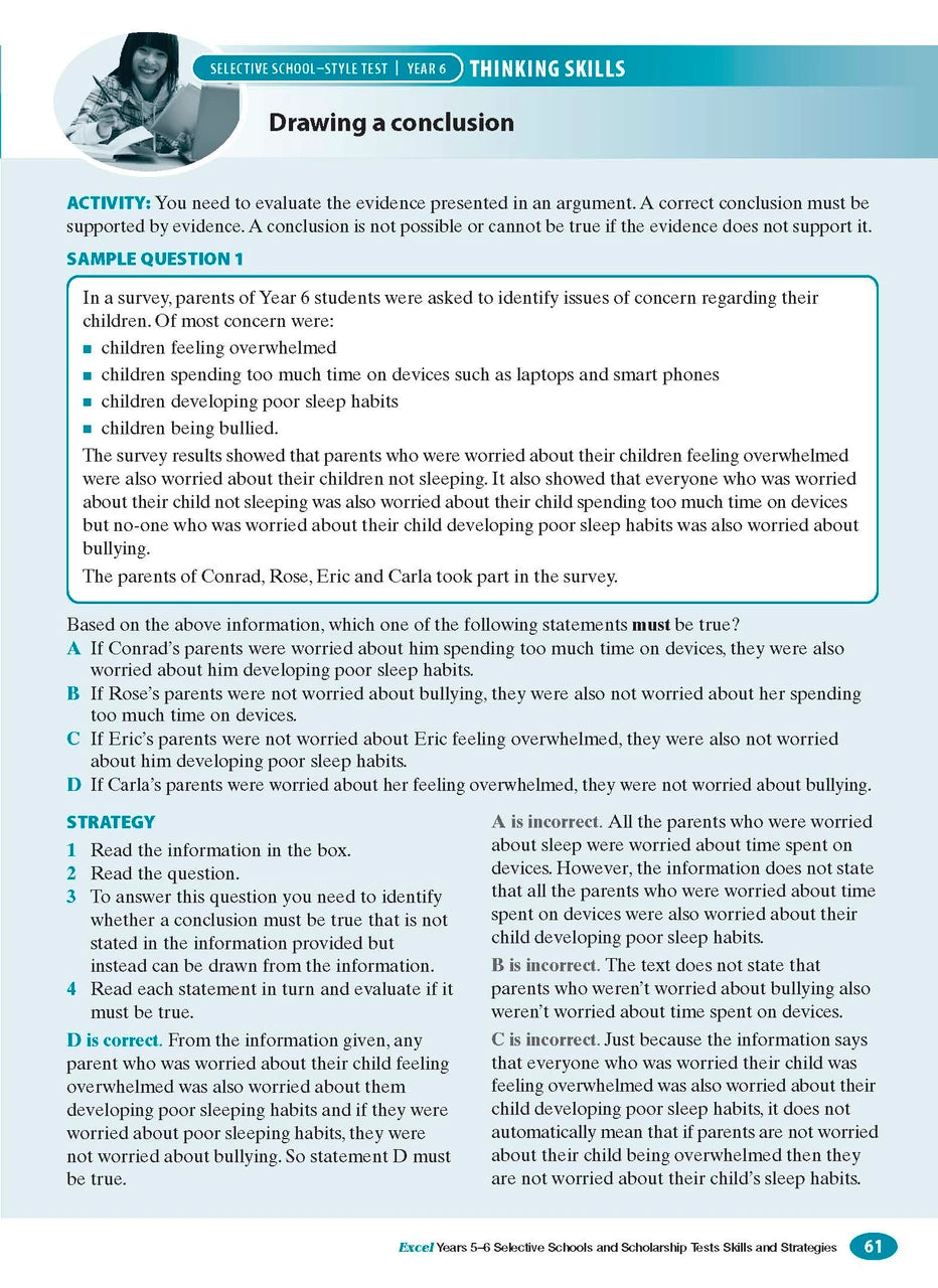 Sample interior page from the Excel Selective Schools and Scholarship Tests Skills and Strategies Years 5-6 workbook showing practice test material, as shown in the Pascal Press gallery