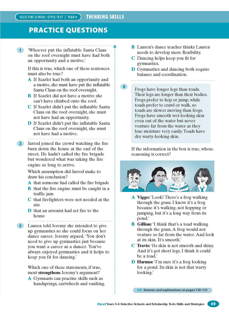 Sample interior page from the Excel Selective Schools and Scholarship Tests Skills and Strategies Years 5-6 workbook showing practice test material, as shown in the Pascal Press gallery