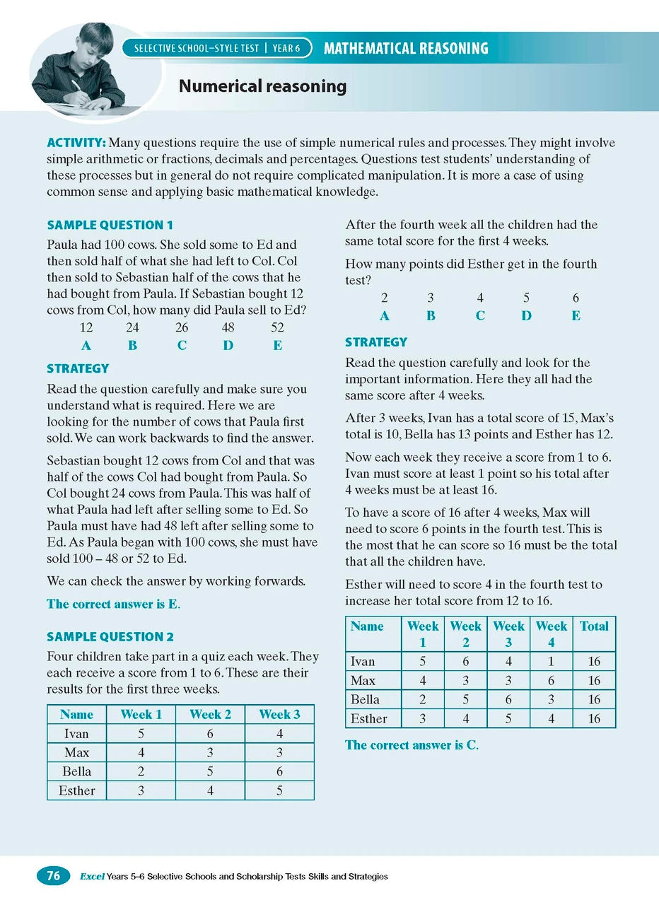 Sample interior page from the Excel Selective Schools and Scholarship Tests Skills and Strategies Years 5-6 workbook showing practice test material, as shown in the Pascal Press gallery
