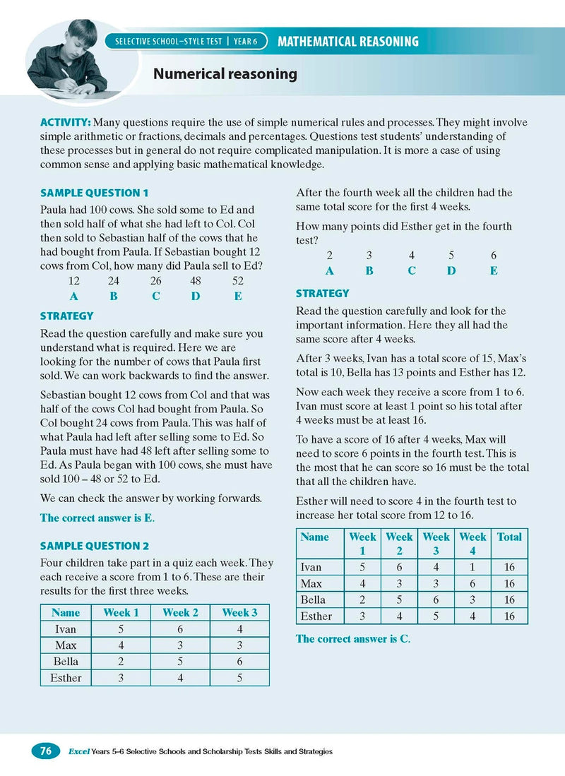 Sample interior page from the Excel Selective Schools and Scholarship Tests Skills and Strategies Years 5-6 workbook showing practice test material, as shown in the Pascal Press gallery