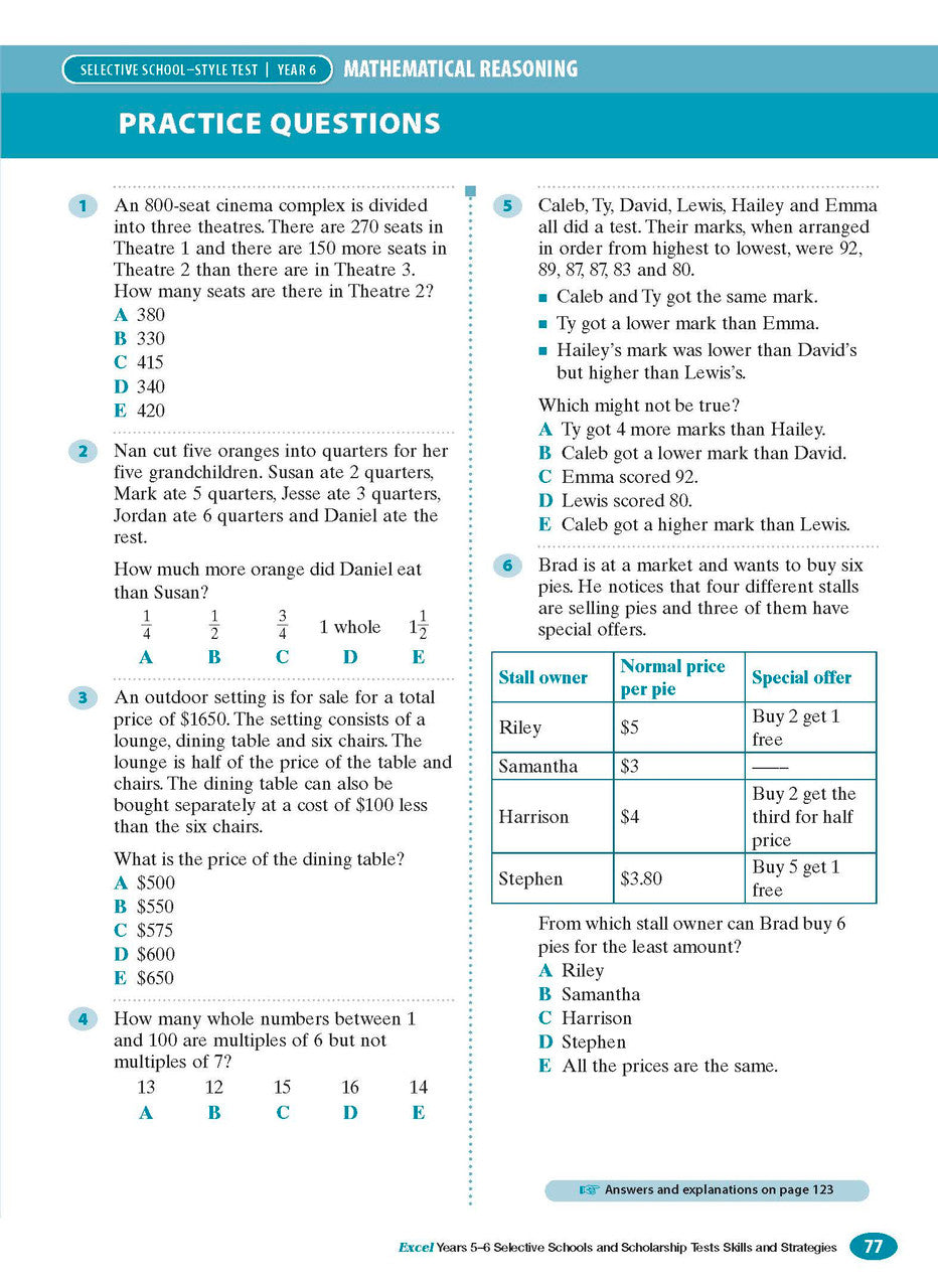 Sample interior page from the Excel Selective Schools and Scholarship Tests Skills and Strategies Years 5-6 workbook showing practice test material, as shown in the Pascal Press gallery