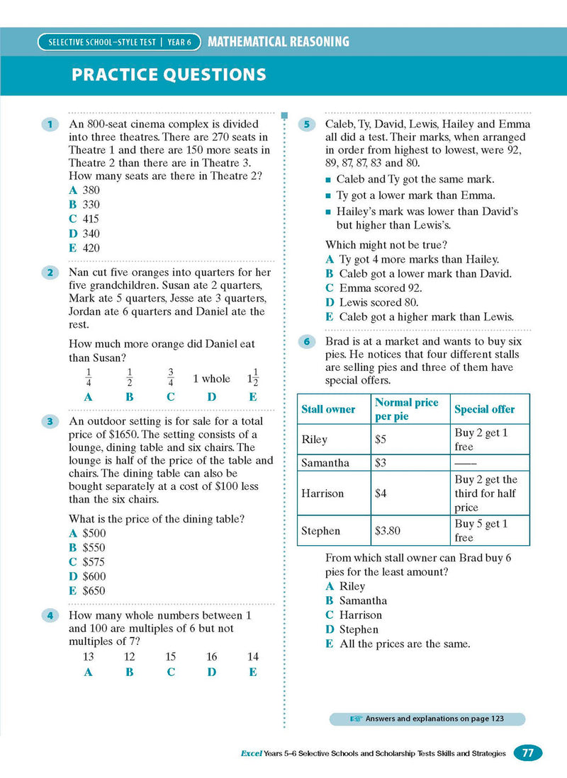 Sample interior page from the Excel Selective Schools and Scholarship Tests Skills and Strategies Years 5-6 workbook showing practice test material, as shown in the Pascal Press gallery