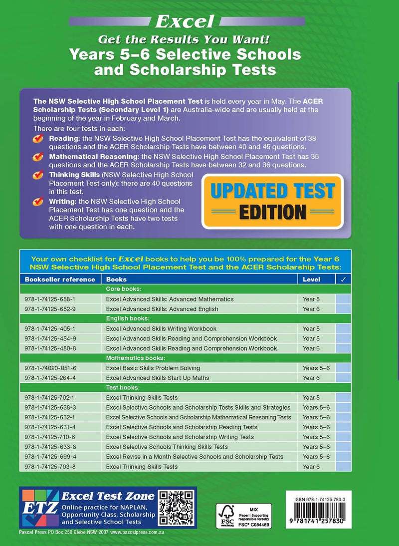 Back cover of the Excel Selective Schools and Scholarship Tests Years 5-6 workbook with the publisher's overview of the book
