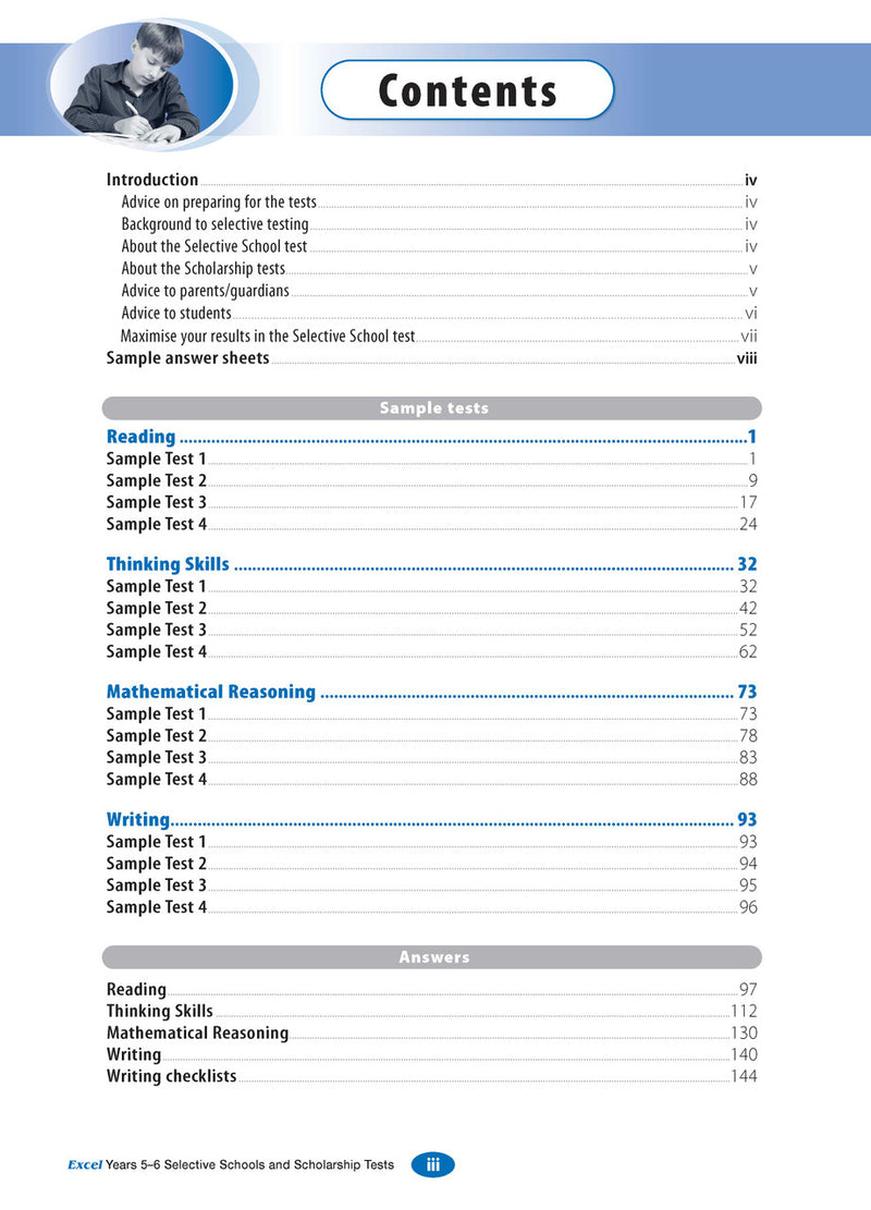 Sample interior page from the Excel Selective Schools and Scholarship Tests Years 5-6 workbook, the second image in the publisher gallery